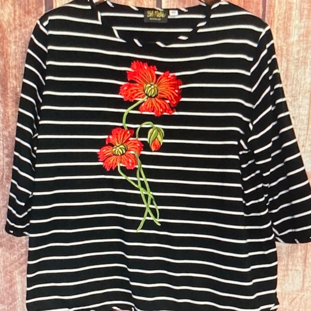 Bob Mackie Black & White Striped Long Sleeve Top with Red Floral Applique